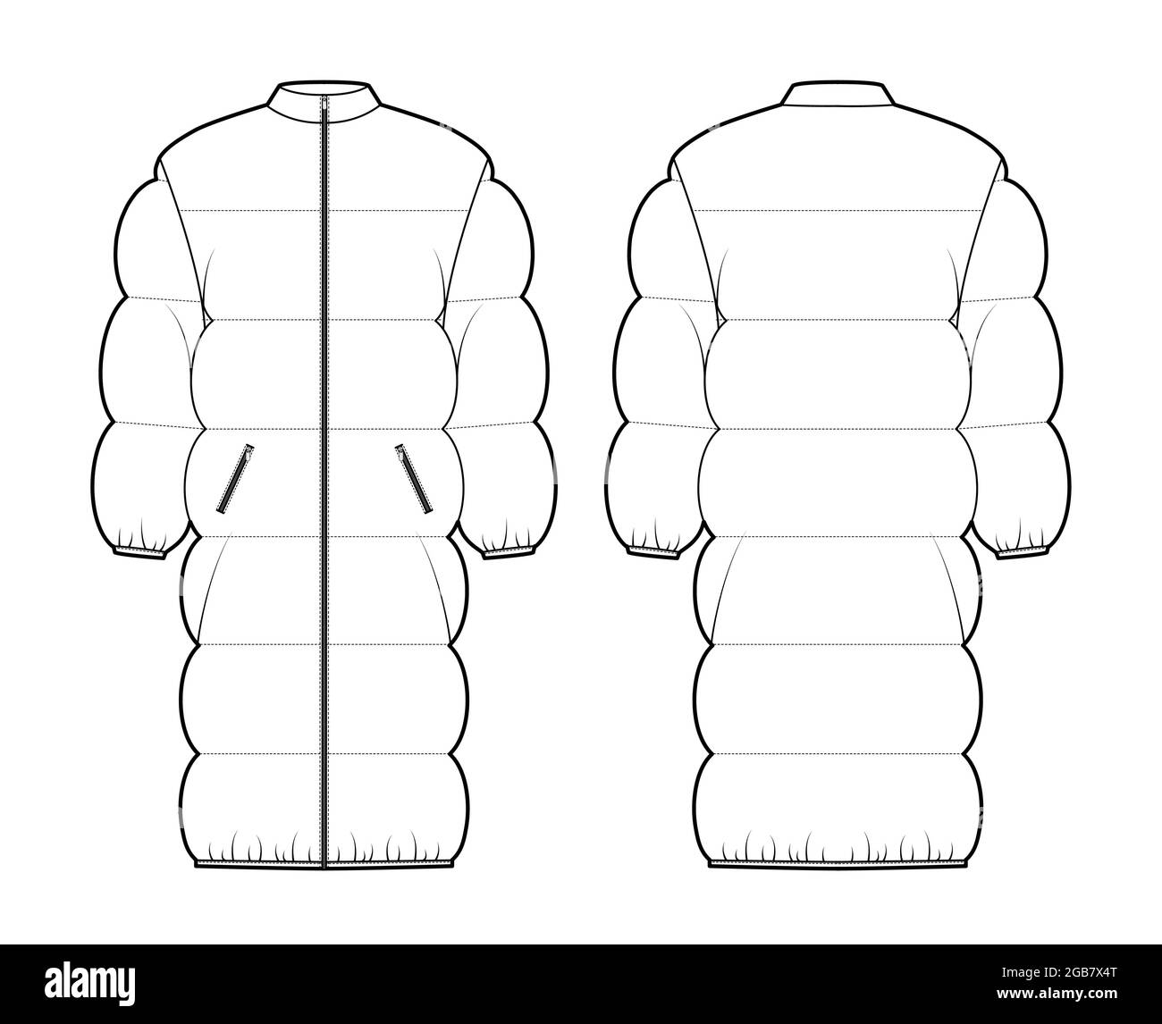 Down puffer coat jacket technical fashion illustration with long