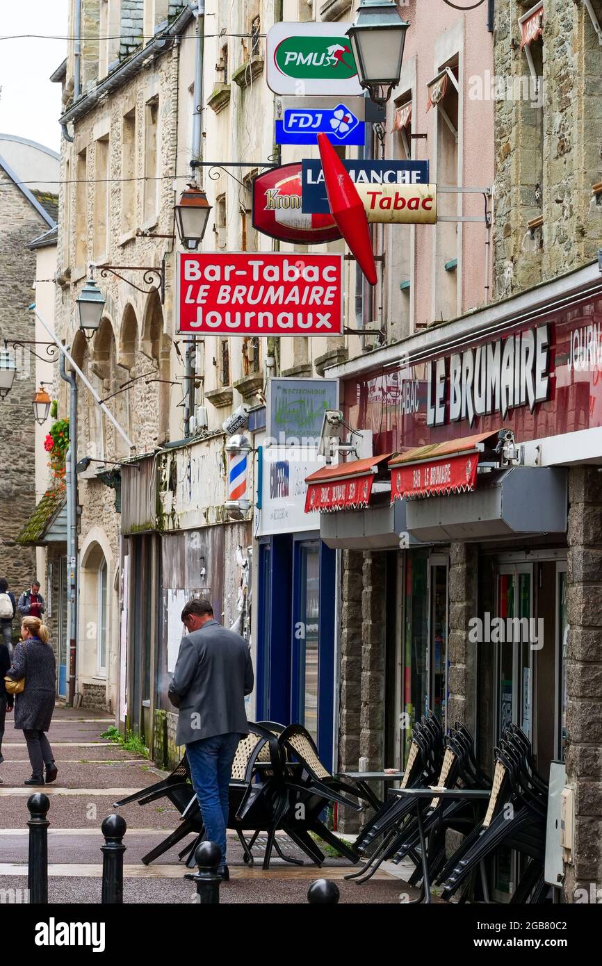Street view with cafés and pubs, Cherbourg, Manche department, Cotentin, Normandy, France Stock