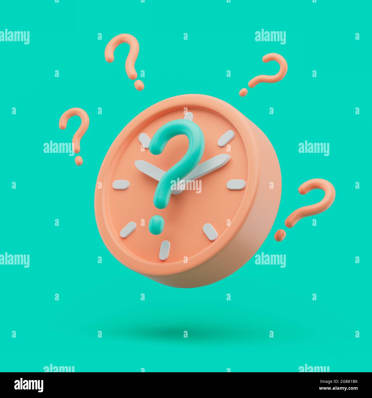 Circle clock icon with question symbols. Simple 3d render illustration ...