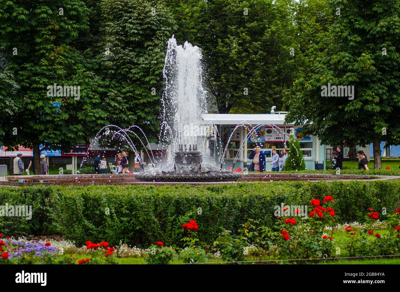 Fountain in a summer green garden with red and white flowers in the ...