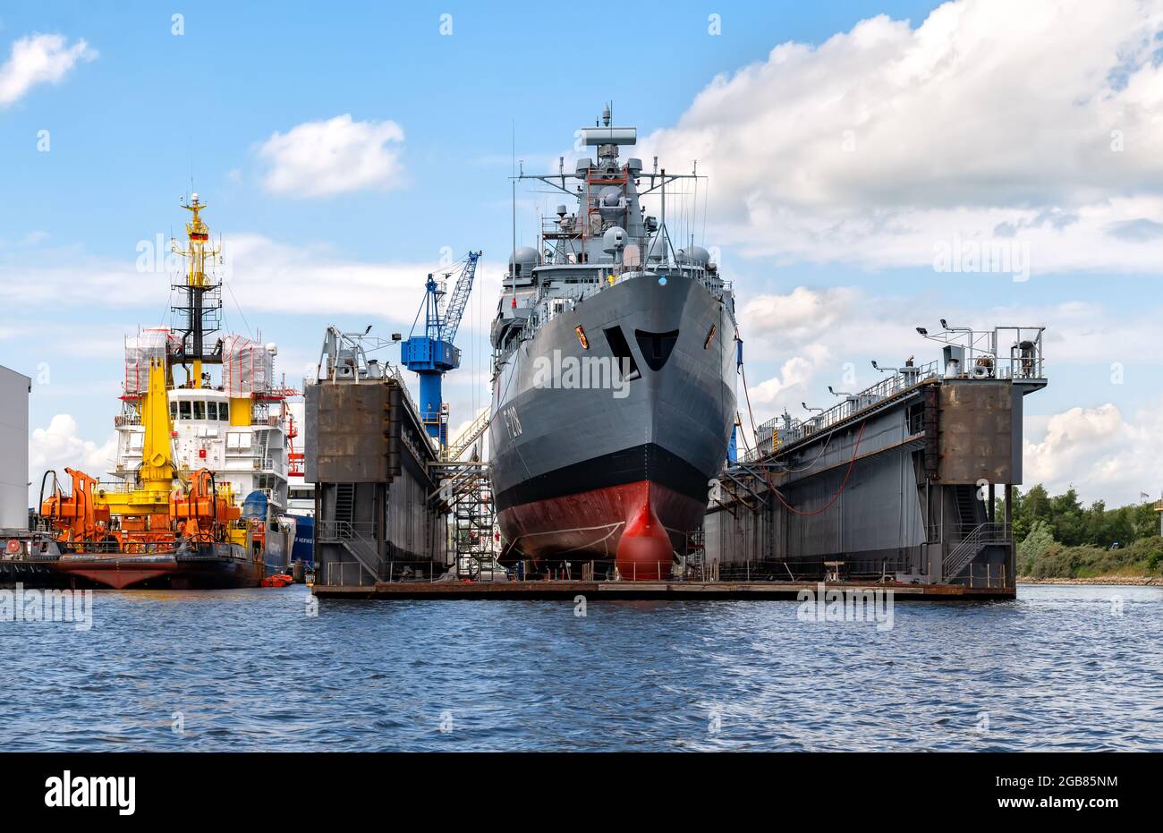 Destroyer in dry dock in harbor of Wilhelmshaven, Germany Stock Photo