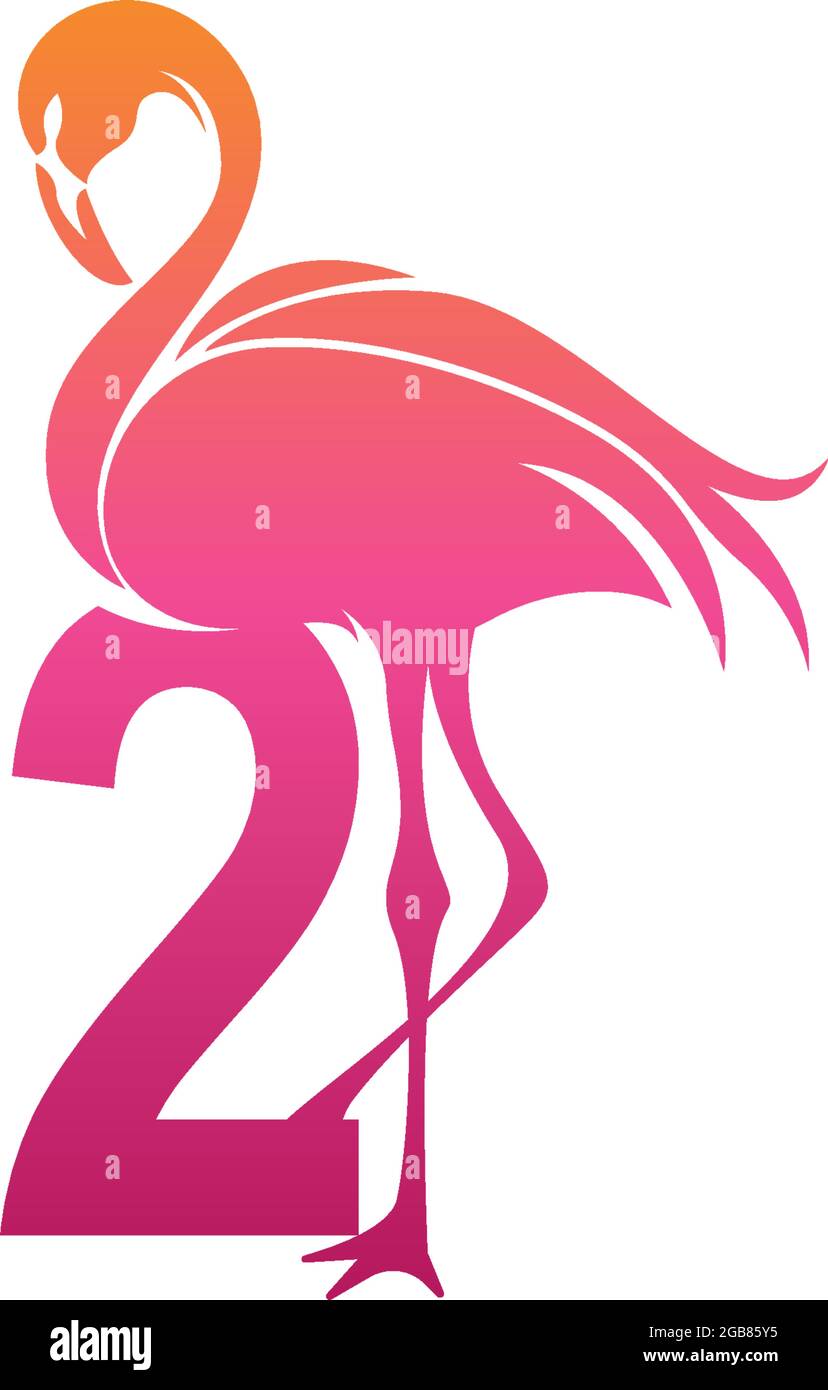 Flamingo bird icon with Number 2 Logo design vector template Stock Vector
