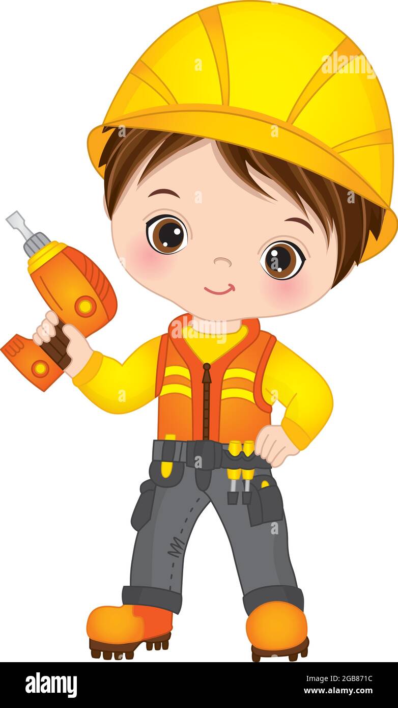 Cute Little Boy Holding Drill. Vector Little Builder Stock Vector