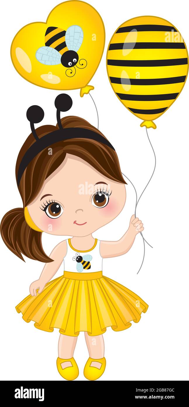 Vector Cute Little Girl Wearing Bee Antenna Headband and Holding Air Balloons Stock Vector Image