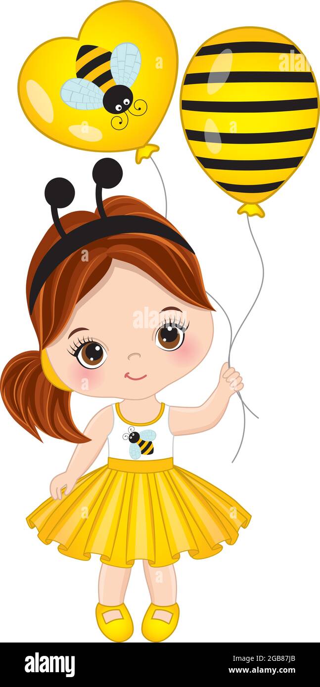 Vector Cute Little Girl Wearing Bee Antenna Headband and Holding Air