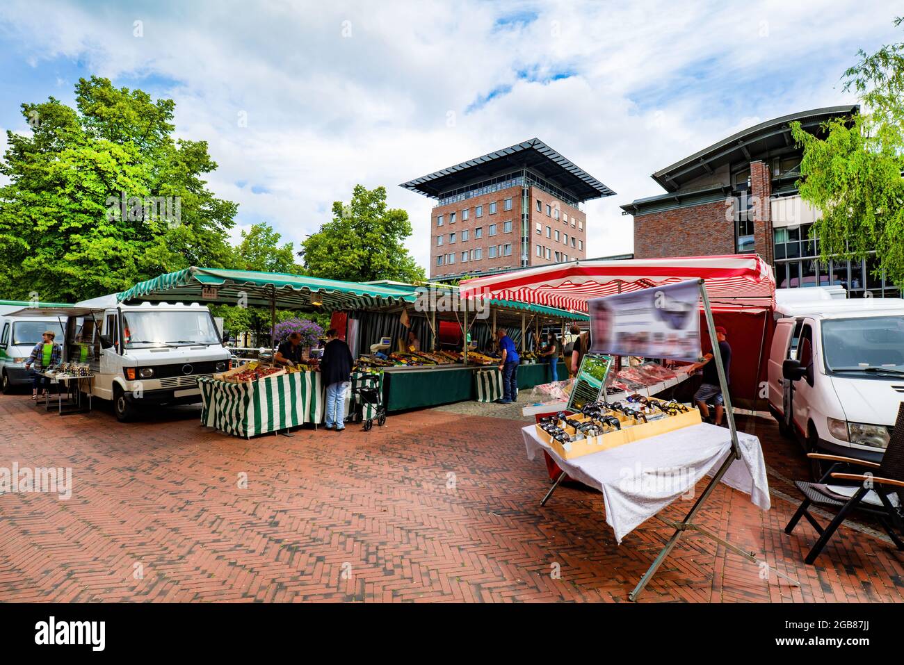 Weekly market with stalls in Papenburg, Germany Stock Photo