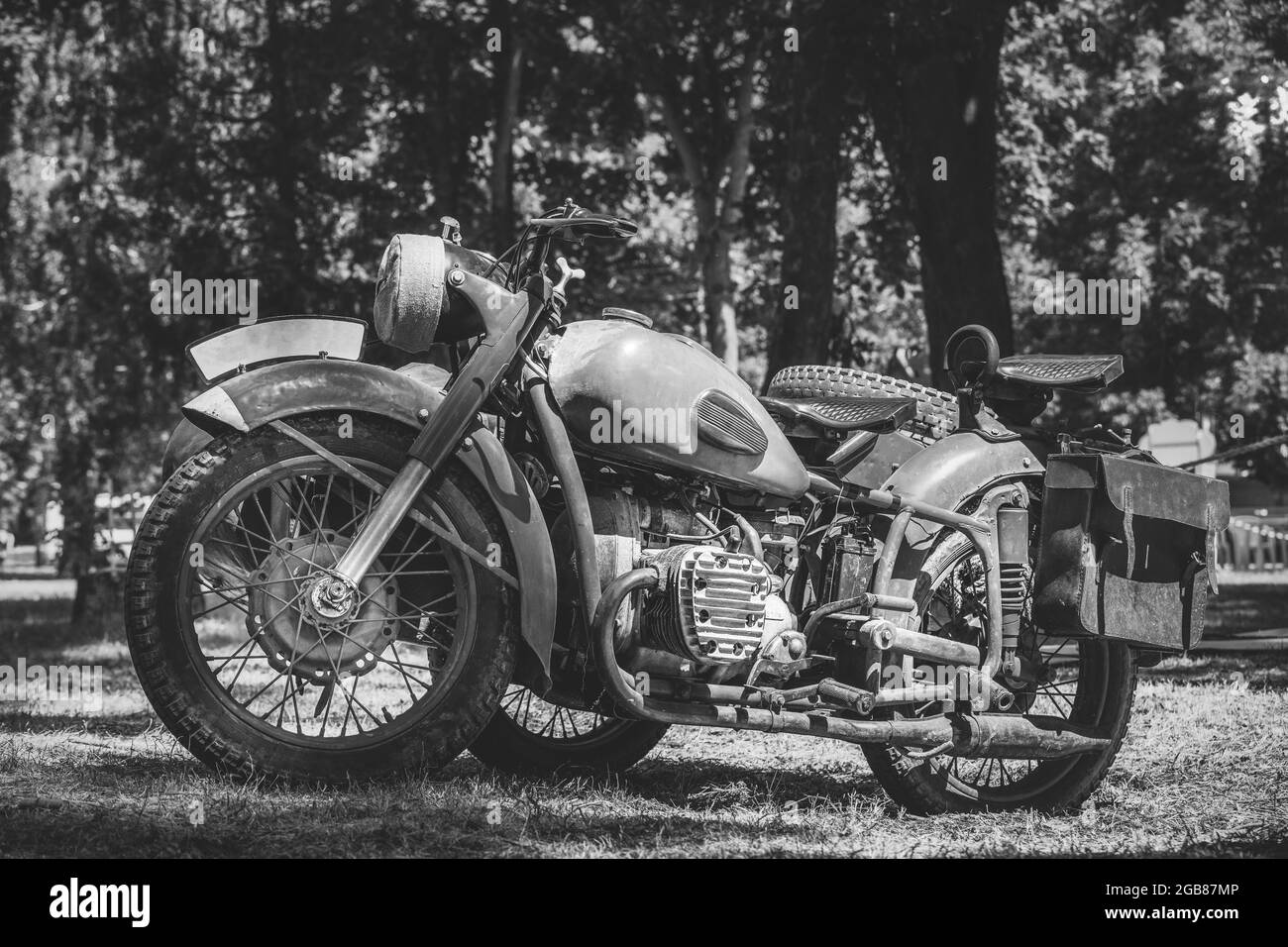 World War II German Wehrmacht Old Tricar, Three-wheeled Motorcycle in Summer Forest Stock Photo