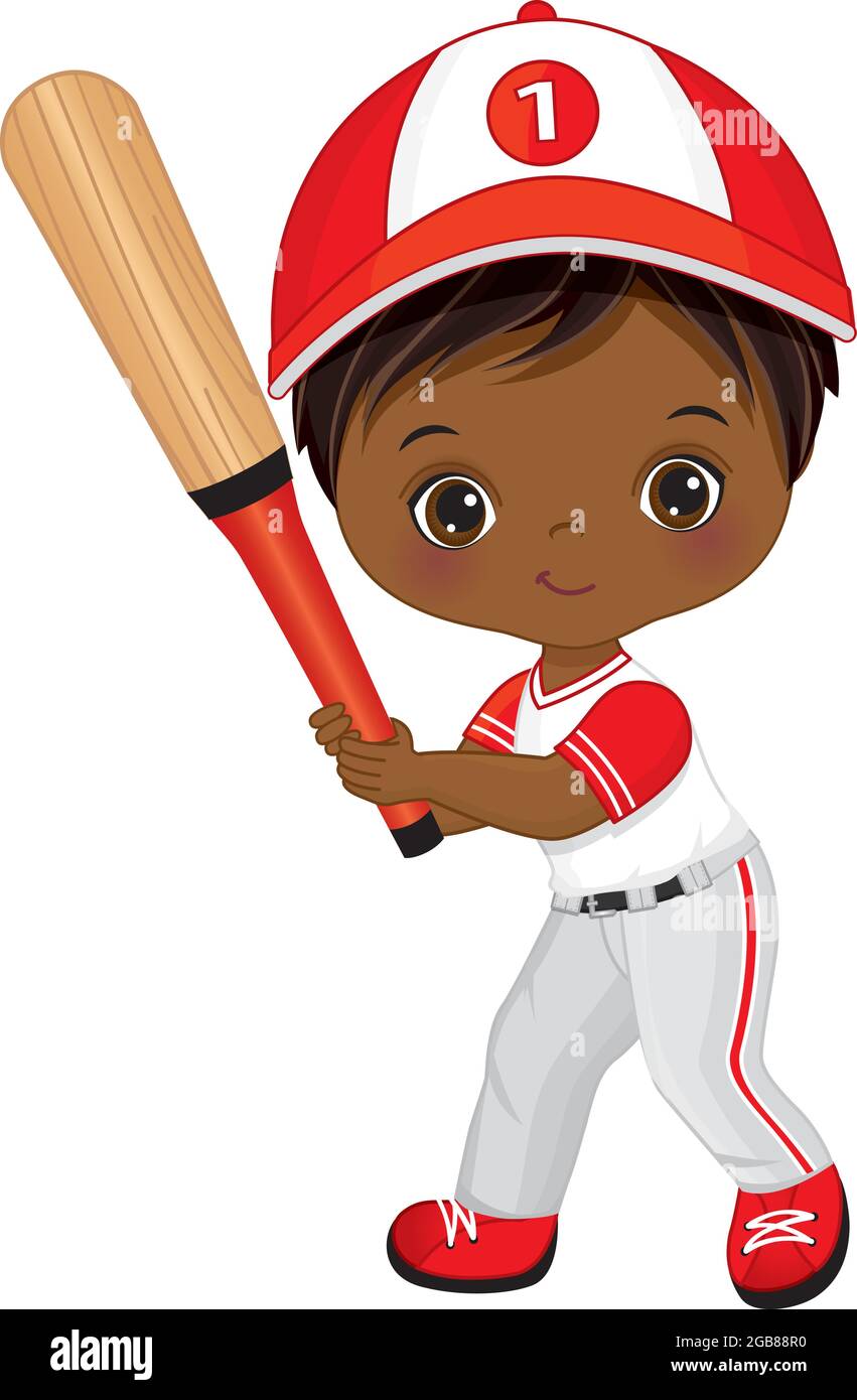 Cute African American Little Boy Playing Baseball. Vector Baseball Boy Stock Vector