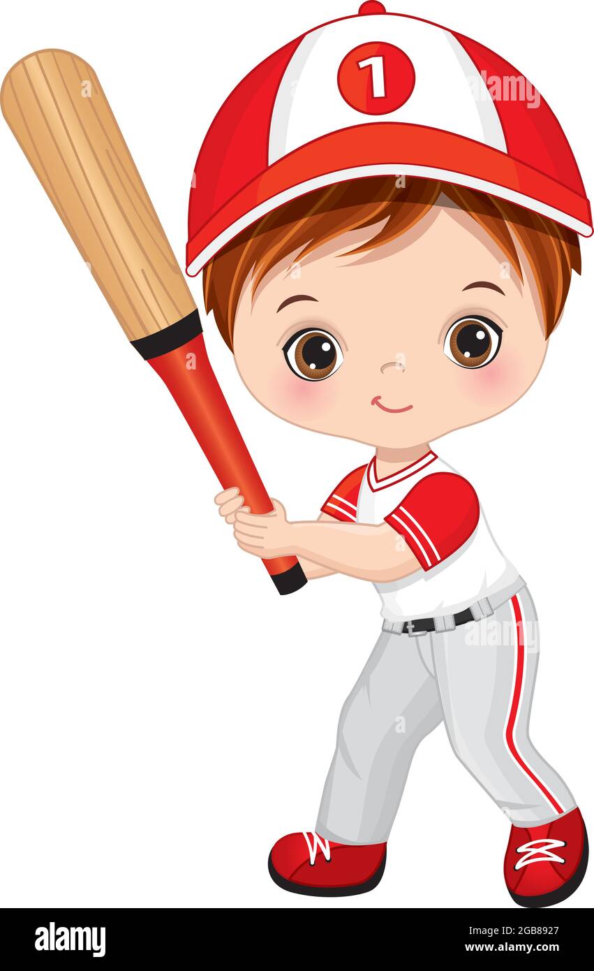 Cute Little Boy Holding Baseball Bat. Vector Baseball Boy Stock Vector