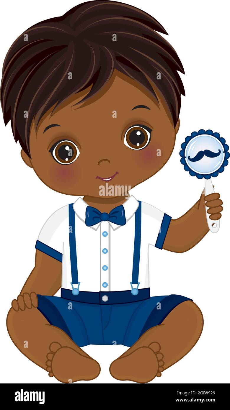 Cute African American Little Man Holding Rattle. Vector Baby Boy with