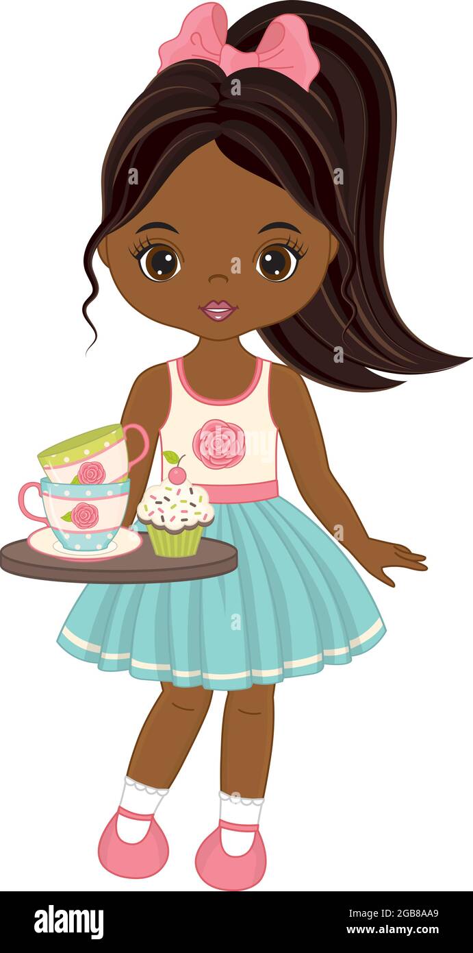 Vector Beautiful African American Girl Holding Tray with Tea Cups and ...