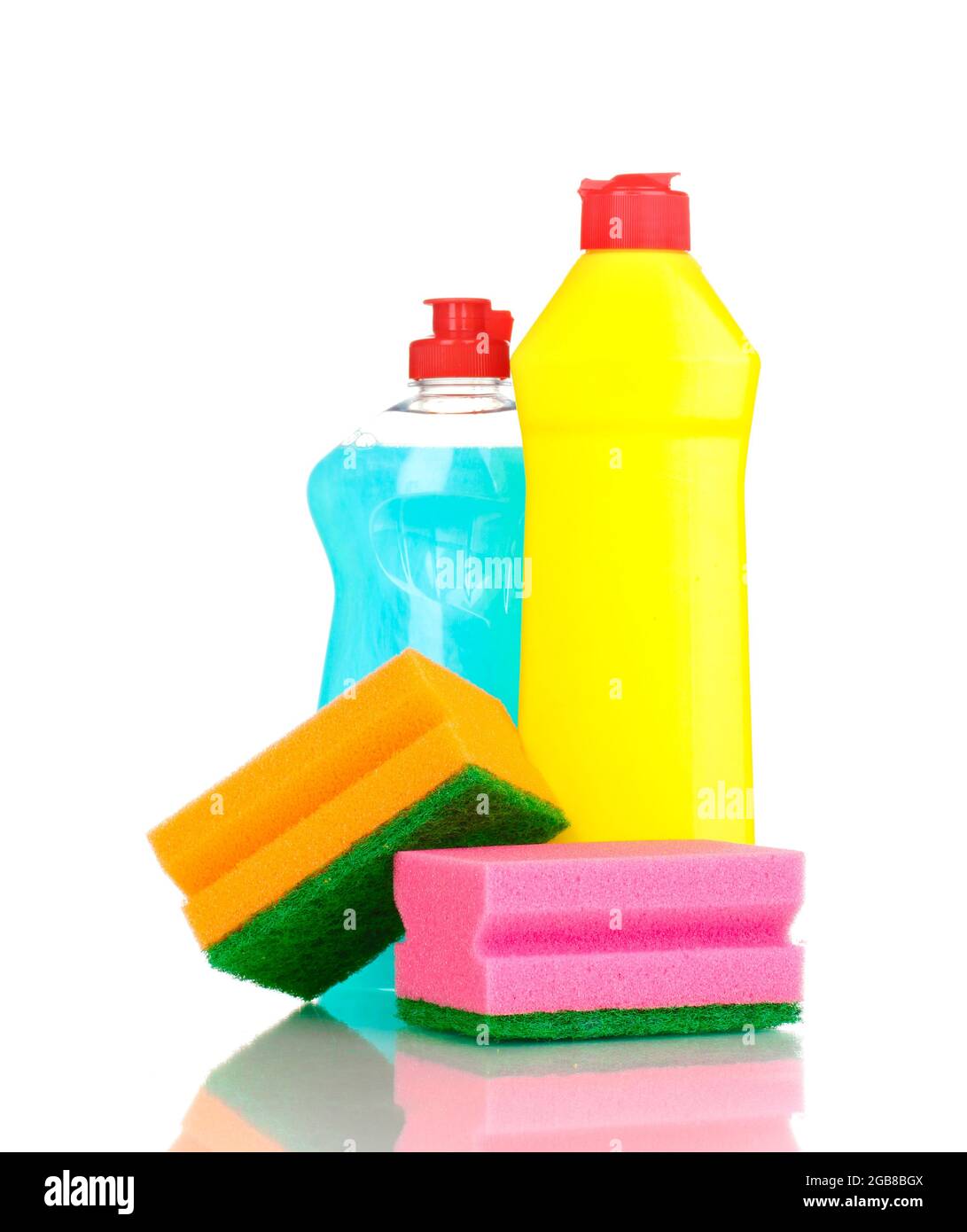 Dishwashing liquids and sponge isolated on white Stock Photo Alamy