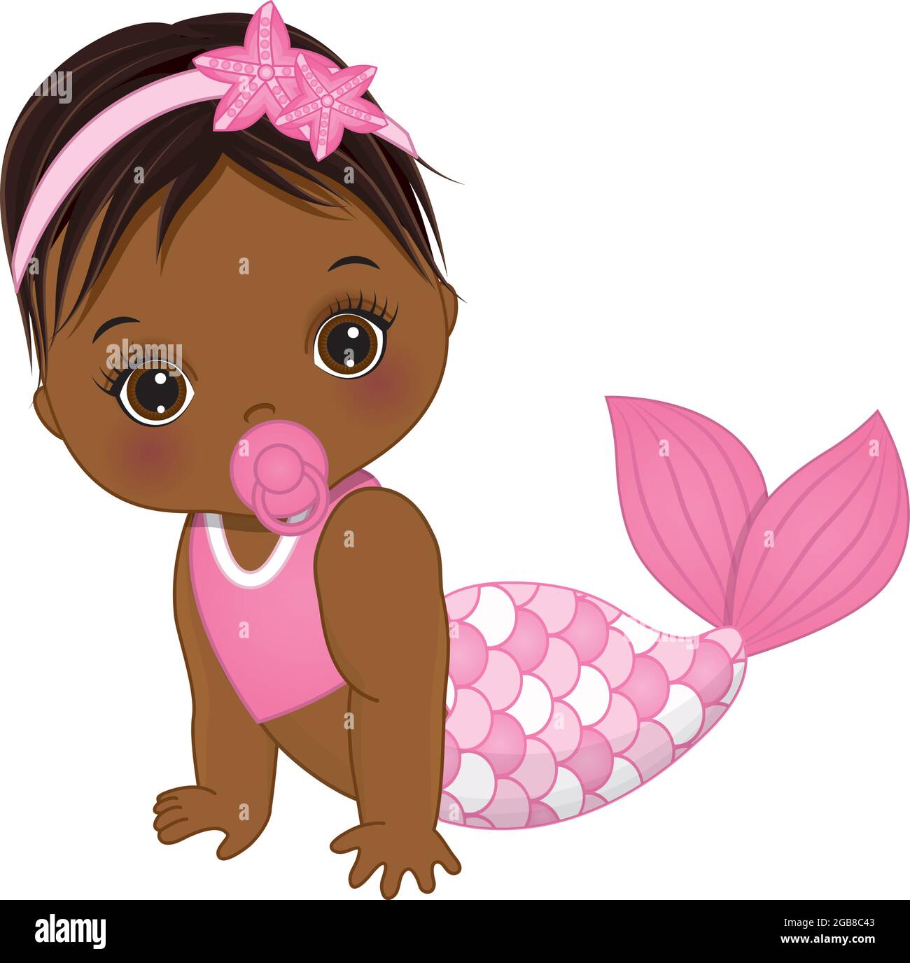 Cute African American Baby Mermaid with Pacifier. Vector Baby Mermaid
