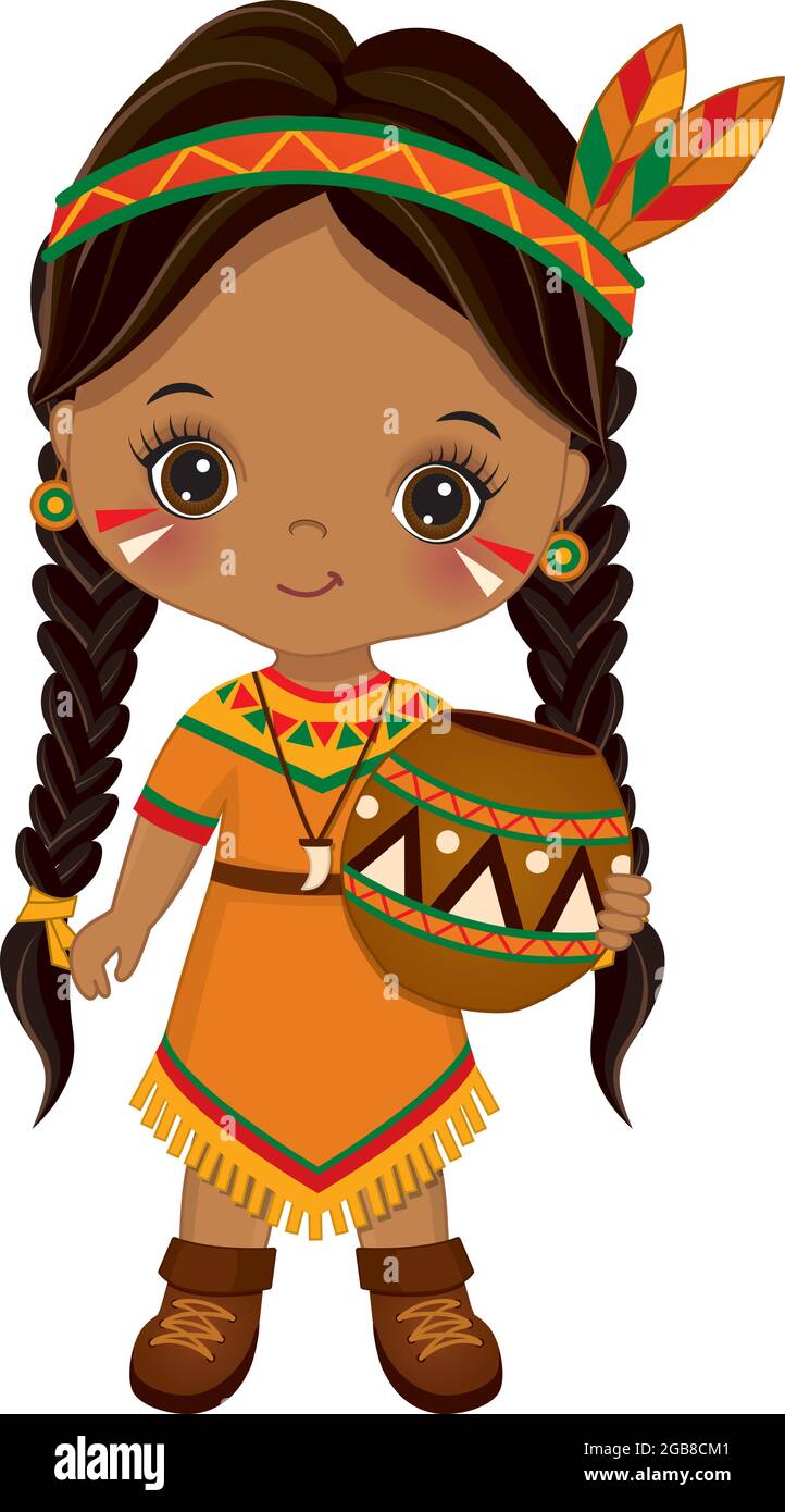 Cute Little Native American Indian Girl Holding Ceramic Pot. Vector Native American Indian Girl Stock Vector