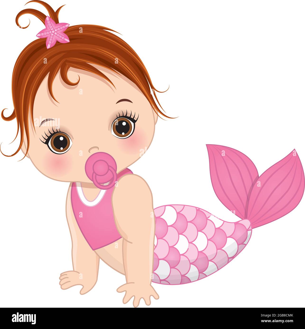 Cute Little Baby Mermaid with Pink Fishtail. Vector Baby Mermaid Stock