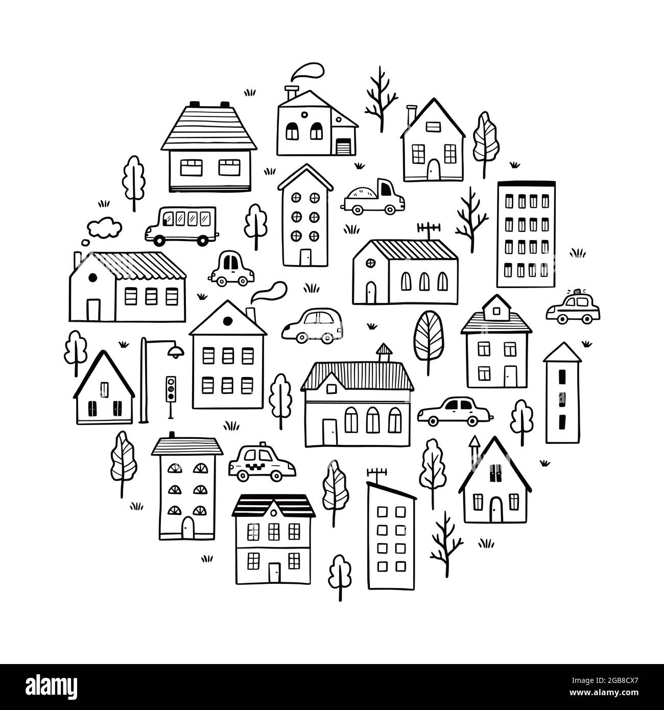 Hand drawn cute house. Doodle sketch style town. House building with