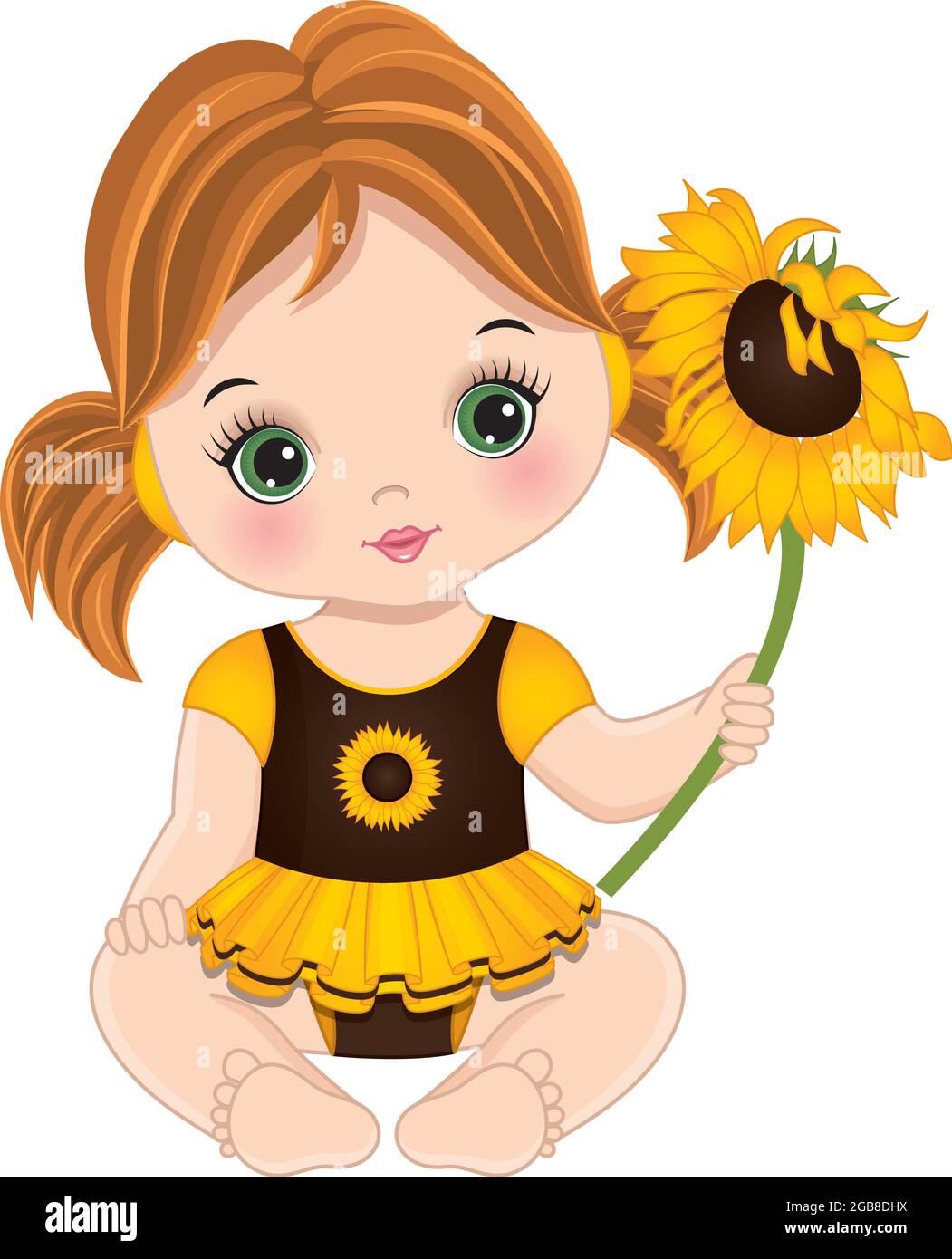 Cute Redheaded Baby Girl Holding Sunflower. Vector Little Baby Girl with Sunflower Stock Vector