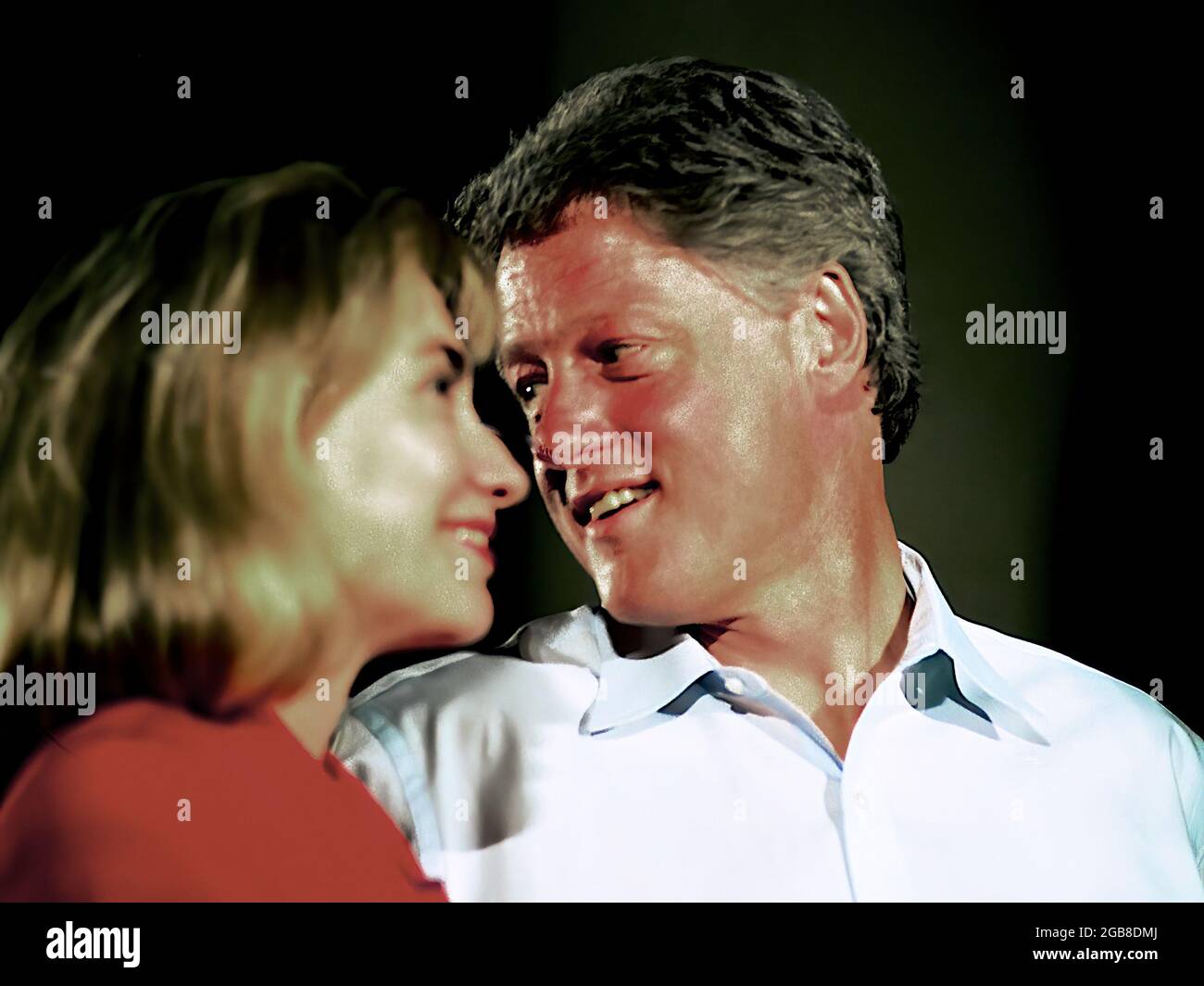 Democratic Presidential candidate Arkansas Governor William Clinton along with his wife Hillary Rodham  Clinton during a late night campaign stop on the bridge spanning the Brazos River in Waco Stock Photo