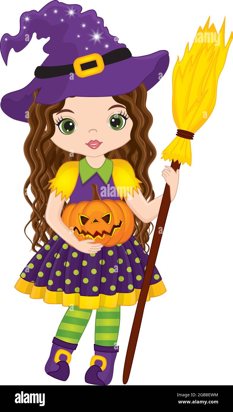 Vector Cute Witch Holding Broomstick and Pumpkin. Vector Halloween ...