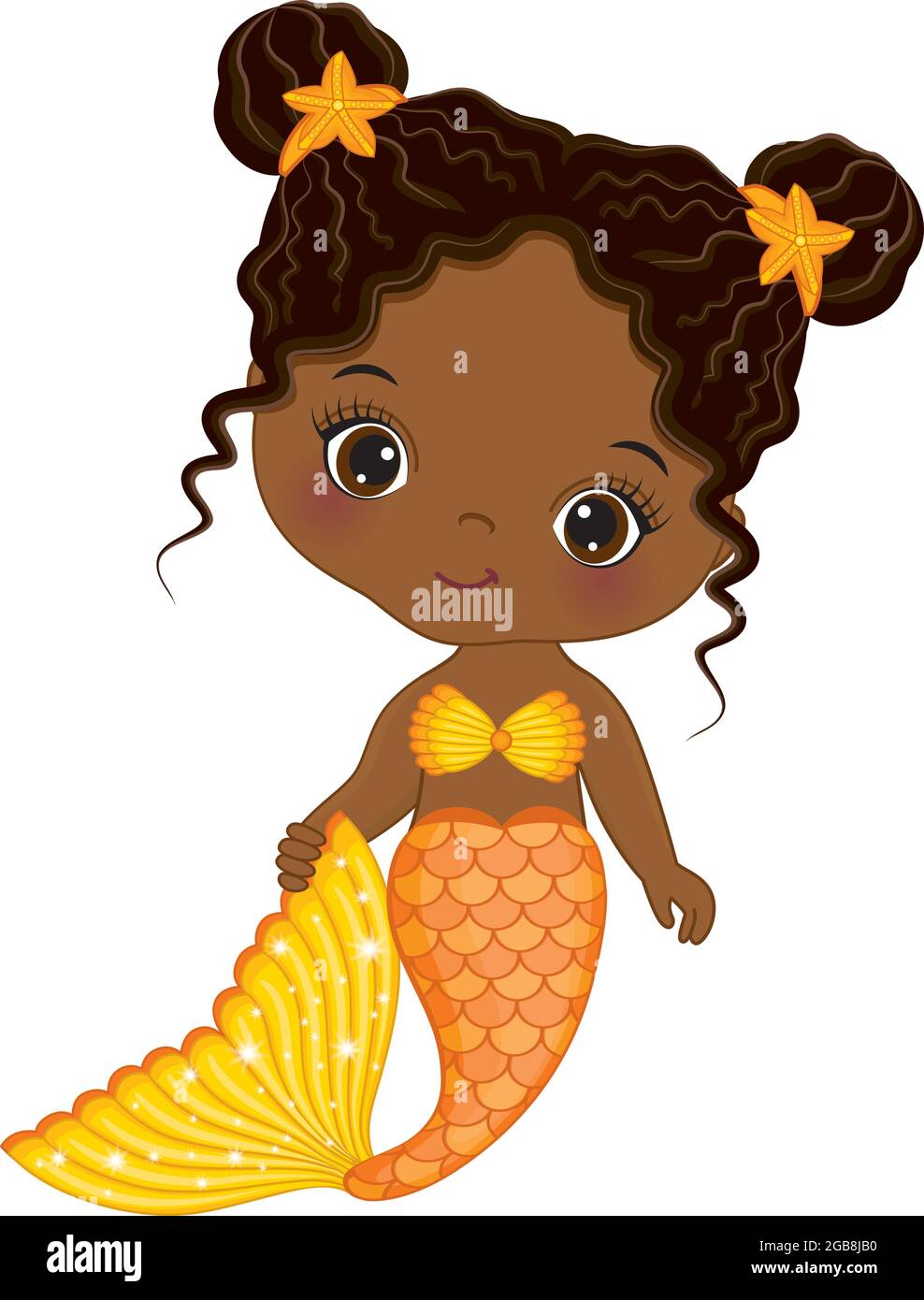 Cute Little Black Baby Mermaid With Orange Fishtail Buns And Starfish Vector Baby Mermaid Stock Vector Image Art Alamy