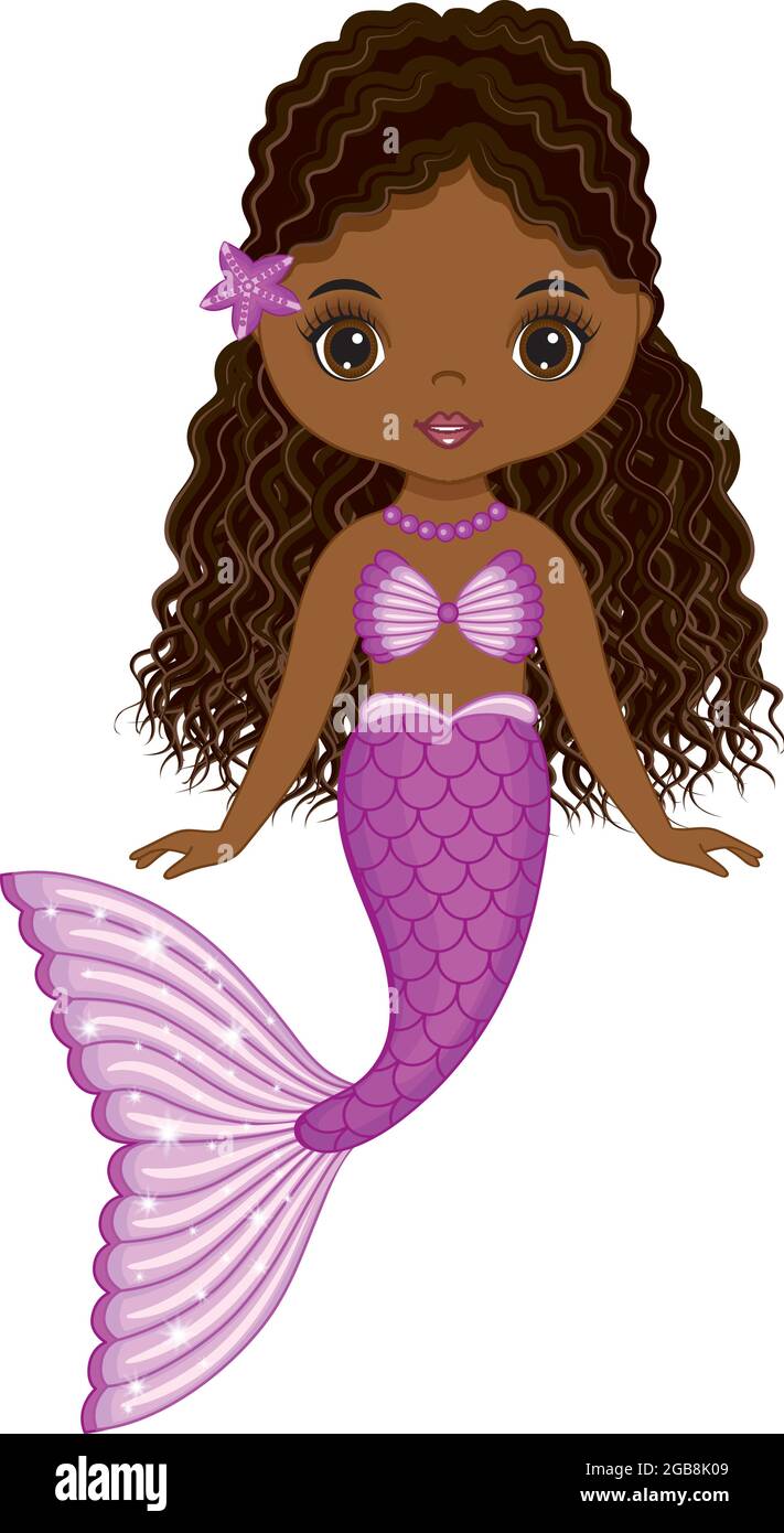 African American Cute Mermaid with Purple Fishtail and Long Curly Hair ...