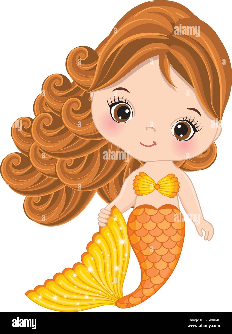 Cute Little Baby Mermaid with Orange Fishtail. Vector Baby Mermaid