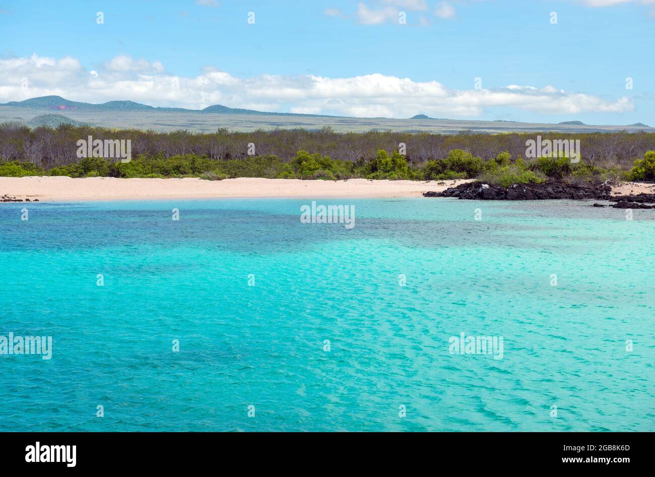 Galapagos coral reef and beach by North Seymour Island famous for snorkeling, Galapagos national park, Ecuador. Stock Photo