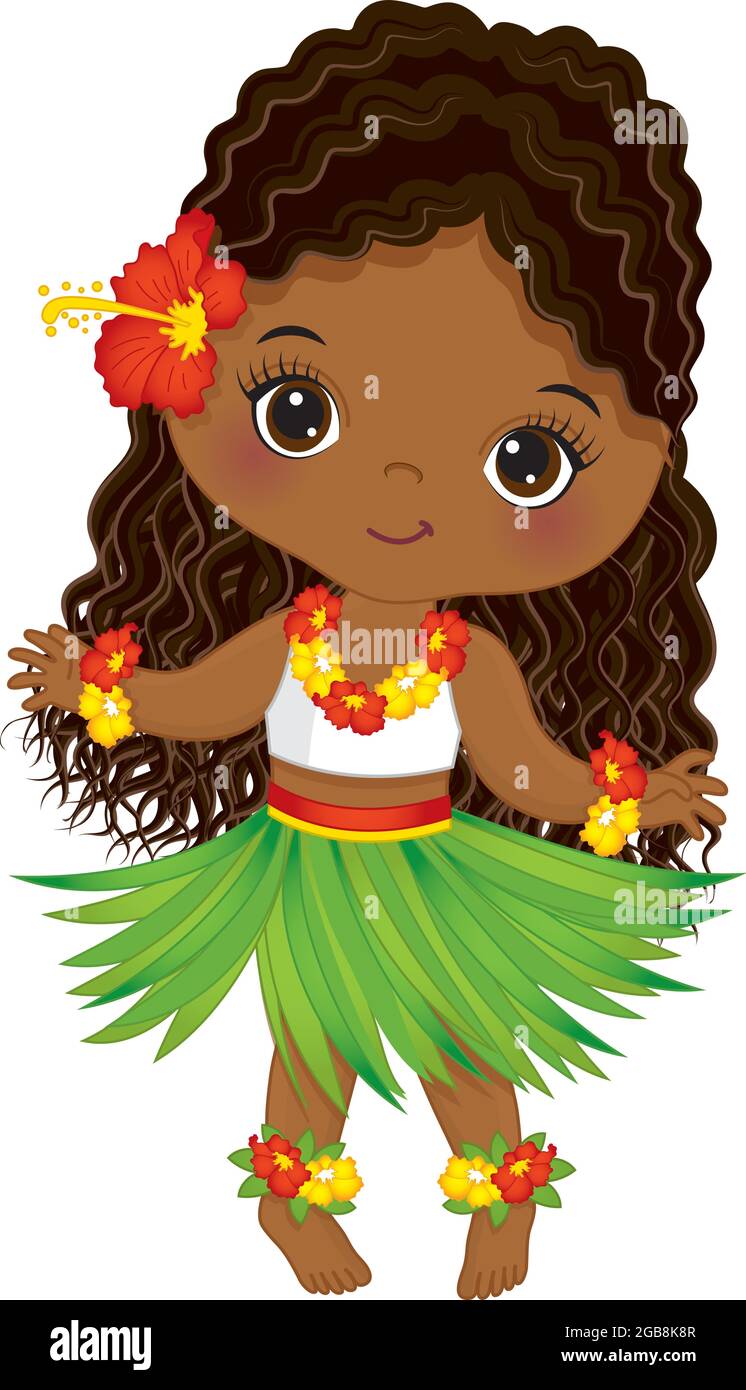 Cute Luau Girl Wearing Grass Skirt and Hibiscus Garland Dancing. Vector