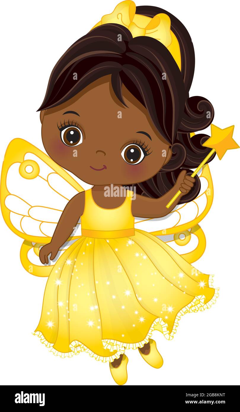 Cute African American Fairy Wearing Yellow Dress and Holding Magic Wand.  Vector Little Fairy Stock Vector Image & Art - Alamy