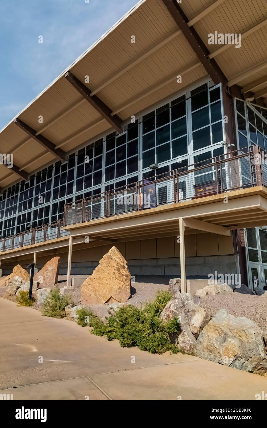 Modernist architecture of the Quarry Exhibit Hall, designed by Anshen and Allen as part of the Mission 66 NPS effort, in Dinosaur National Monument on Stock Photo