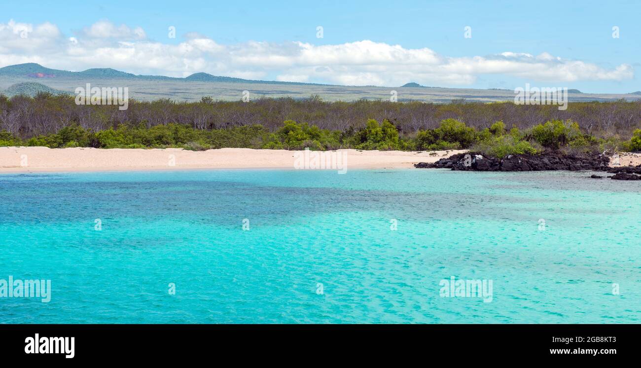 Panorama of Galapagos coral reef and beach by Seymour North Island for snorkeling, Galapagos national park, Ecuador. Stock Photo