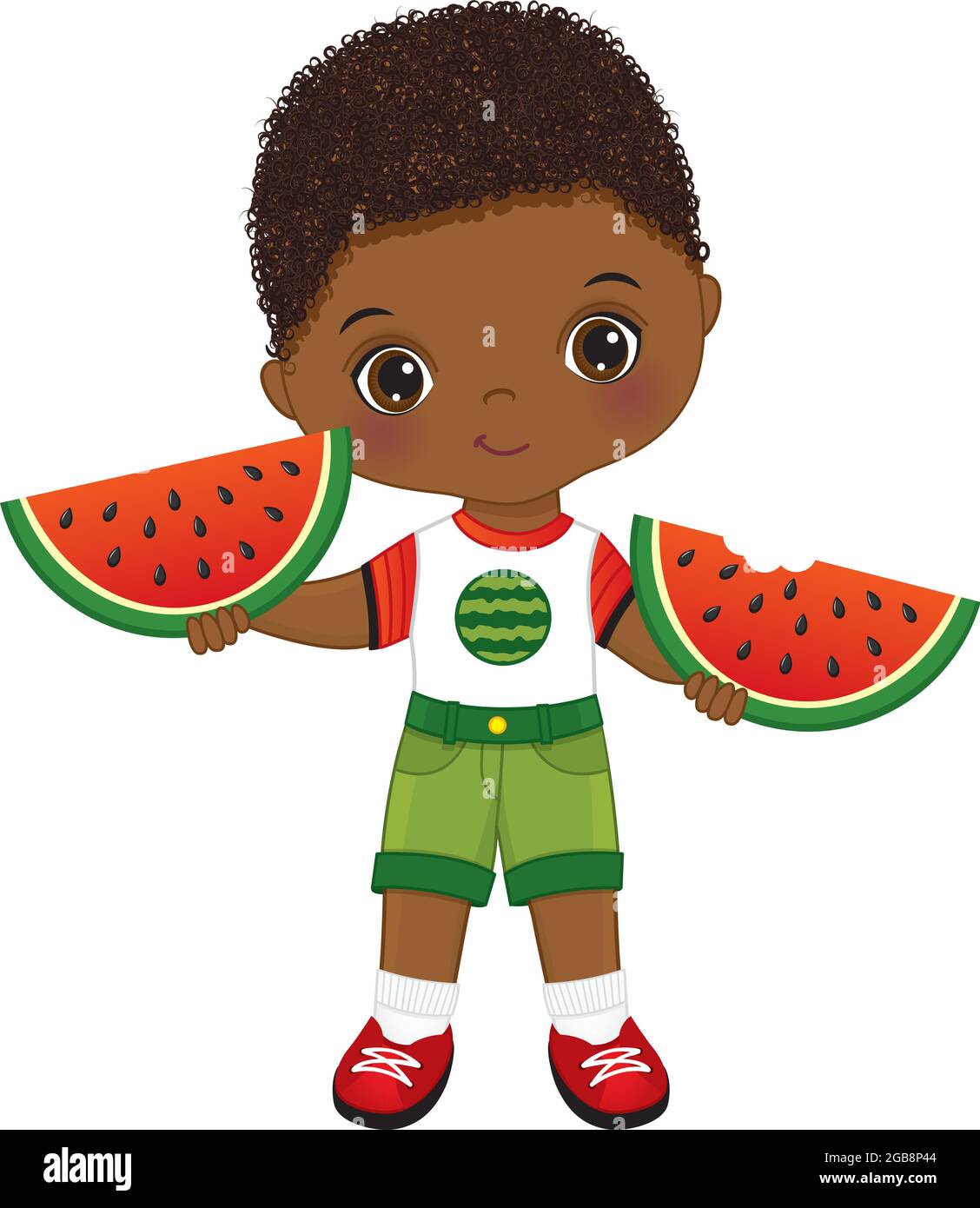Cute Little African American Boy Holding Slices of Watermelon. Vector