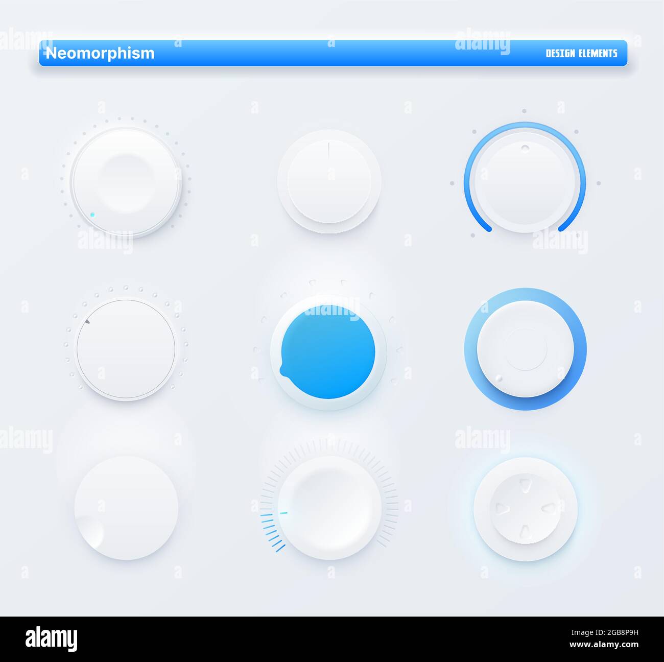 Neomorphic Ui kit mobile app round level buttons. Sound volume control knob, amplifier power