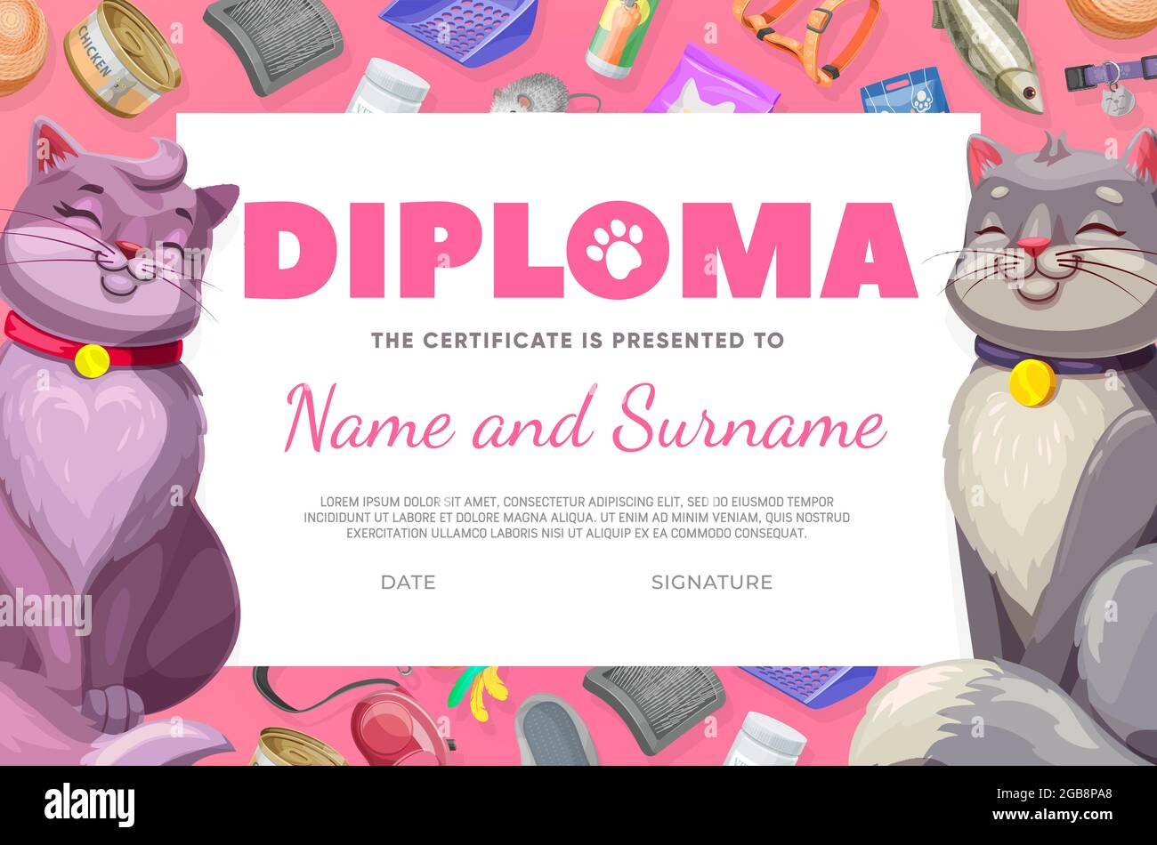 Pet care diploma, cat and kitten vector certificate with cartoon pets stuff and cute cats. Education school or kindergarten graduation border with zoo Stock Vector Image & Art - Alamy Pet care diploma, cat and kitten vector certificate with cartoon pets stuff and cute cats. Education school or kindergarten graduation border with zoo Stock Vector Image & Art - Alamy