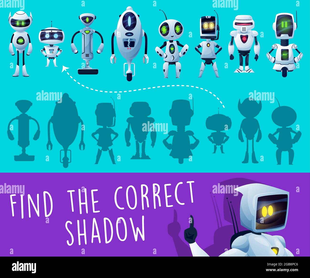 Kids game. Find a correct robot shadow riddle, puzzle game or preschooler  playing activity vector page with comparing and shadow matching activity,  ca Stock Vector Image & Art - Alamy