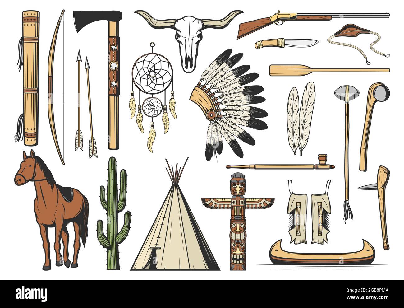 Native American icons with vector tribal indian arrows, feathers and dream catcher, buffalo skull and tepee. Isolated headdress of aztec tribe chief, Stock Vector