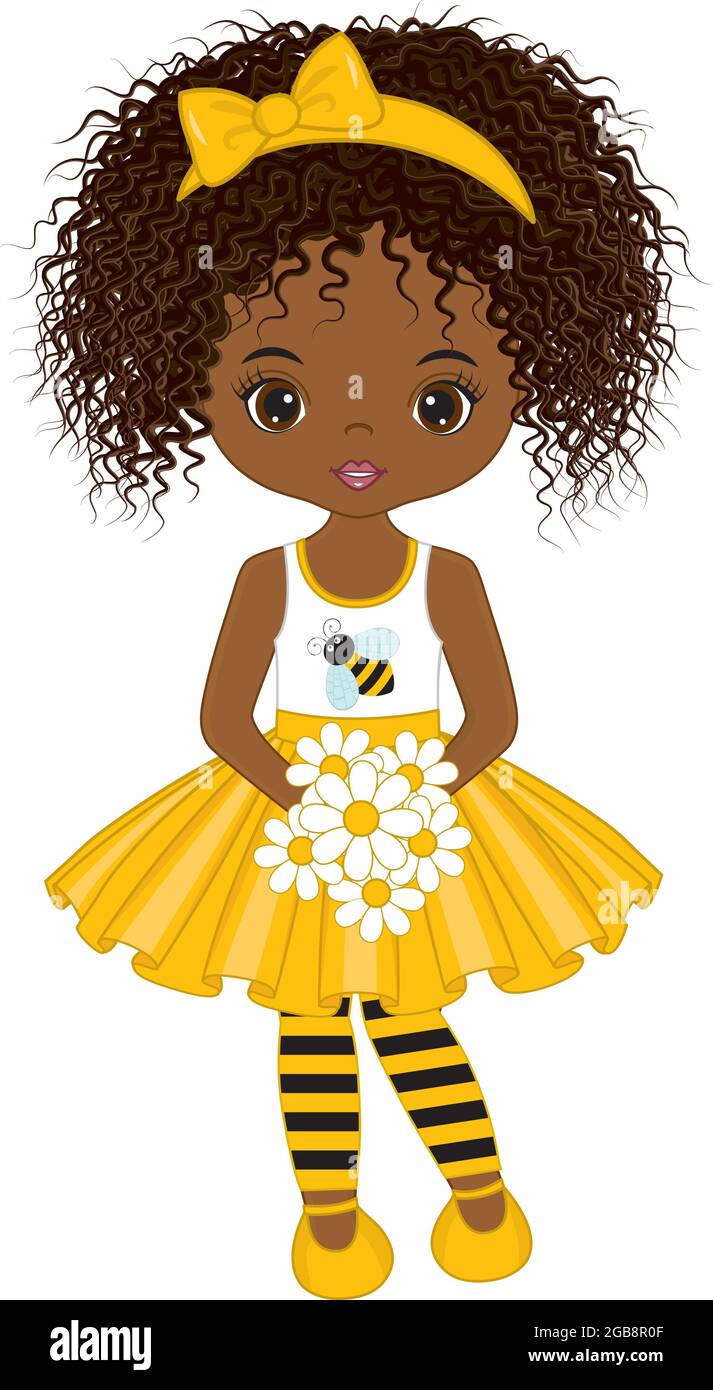 Vector Beautiful Curly Black Girl Holding Bouquet of Flowers Stock ...