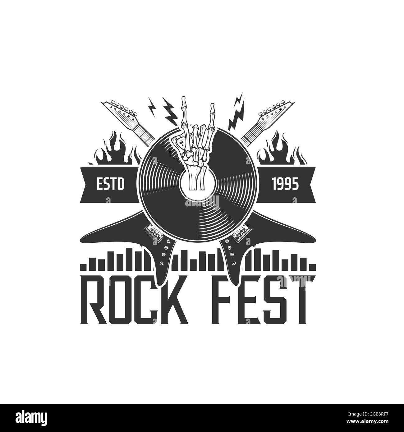 music icon with vector rocker guitars, vinyl record, skeleton rock and roll horns, lightning and fire flames. Hard rock festival Stock Vector Image & Art - Alamy