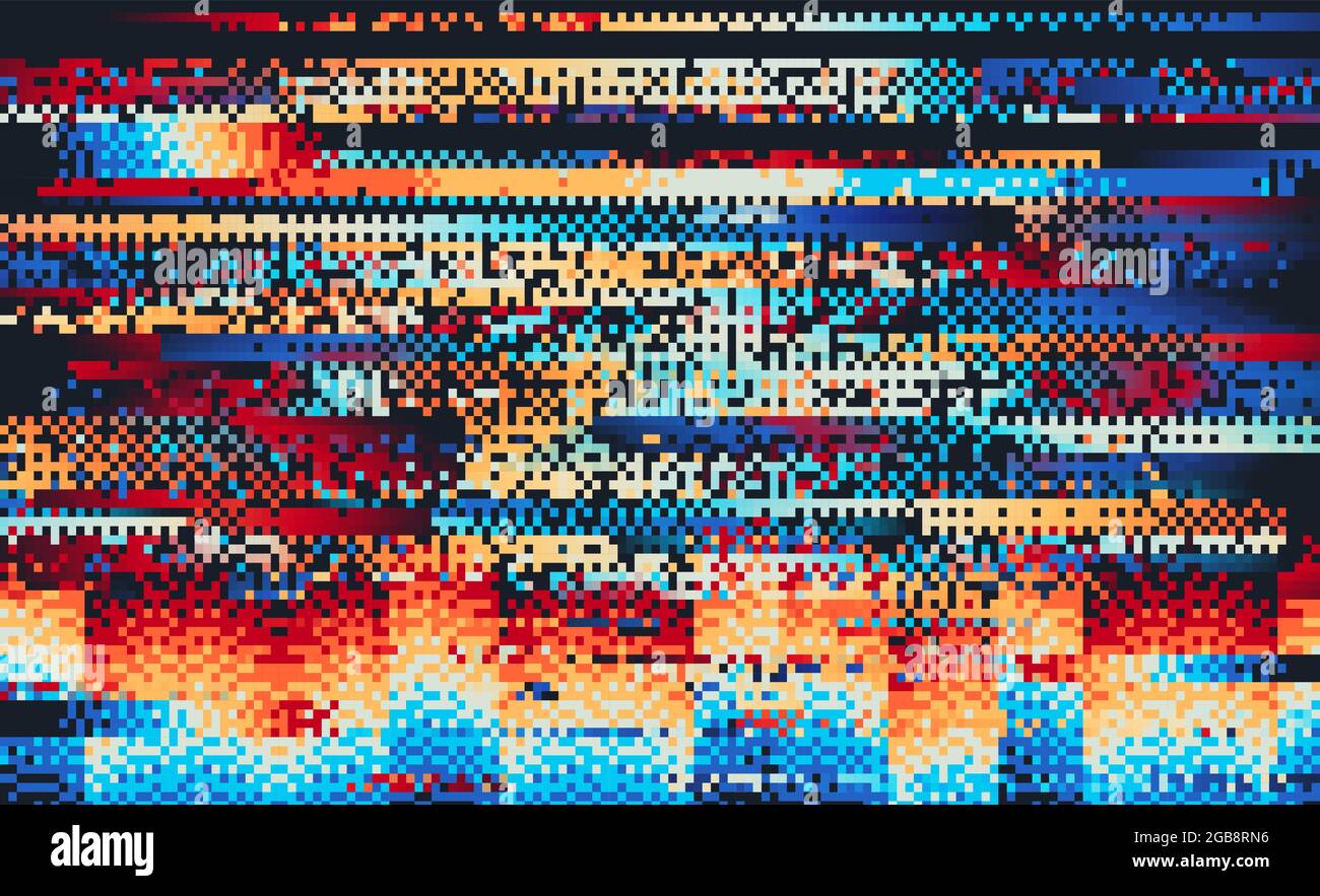 Screen error glitch distortion and digital rainbow pixel noise, vector background. TV screen with glitch or digital video distortion error and rainbow Stock Vector