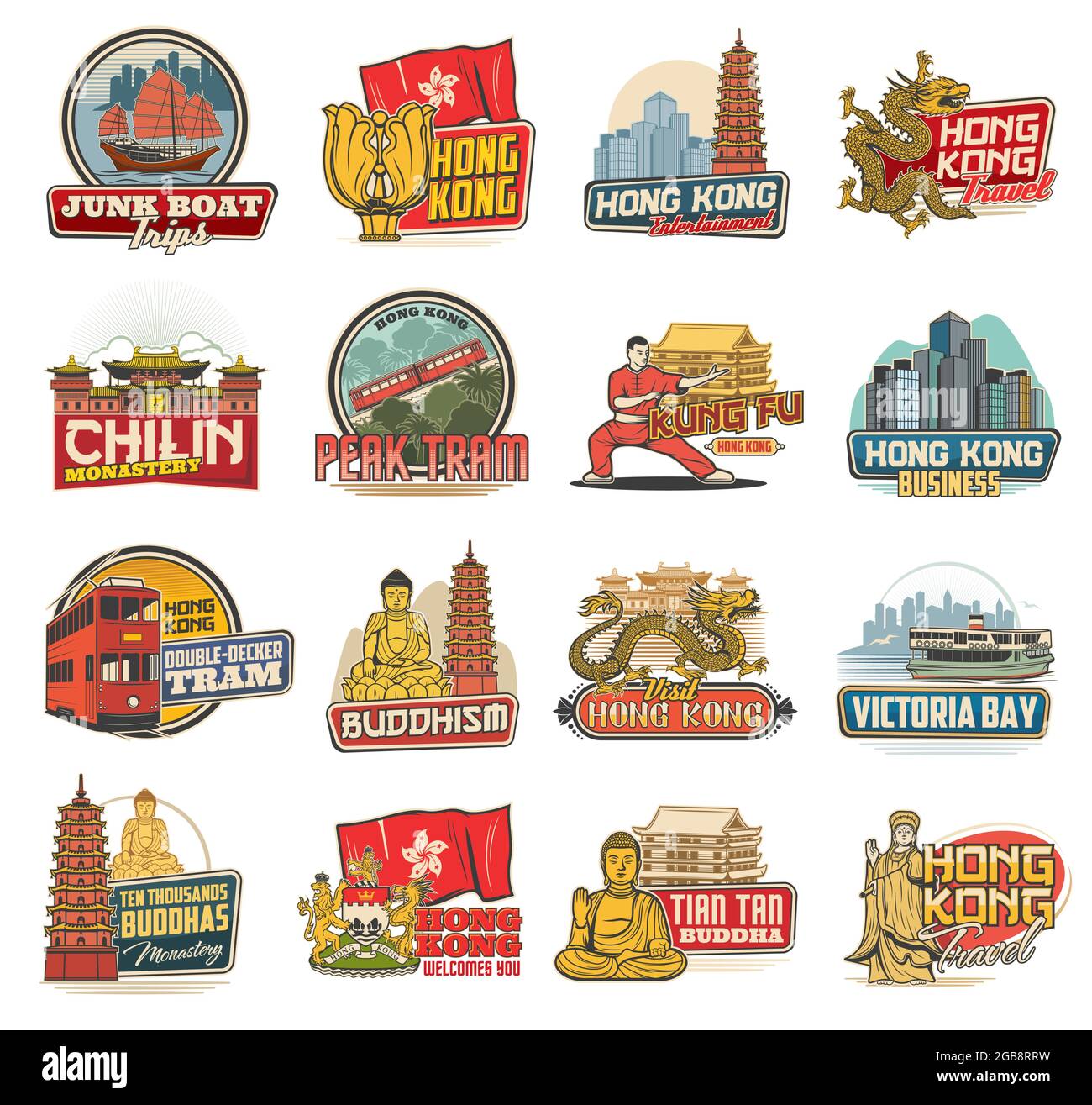 Hong Kong vector icons with Chinese travel landmarks, religion and culture symbols. Isolated Hong Kong flag with bauhinia flower, Buddha statue and te Stock Vector