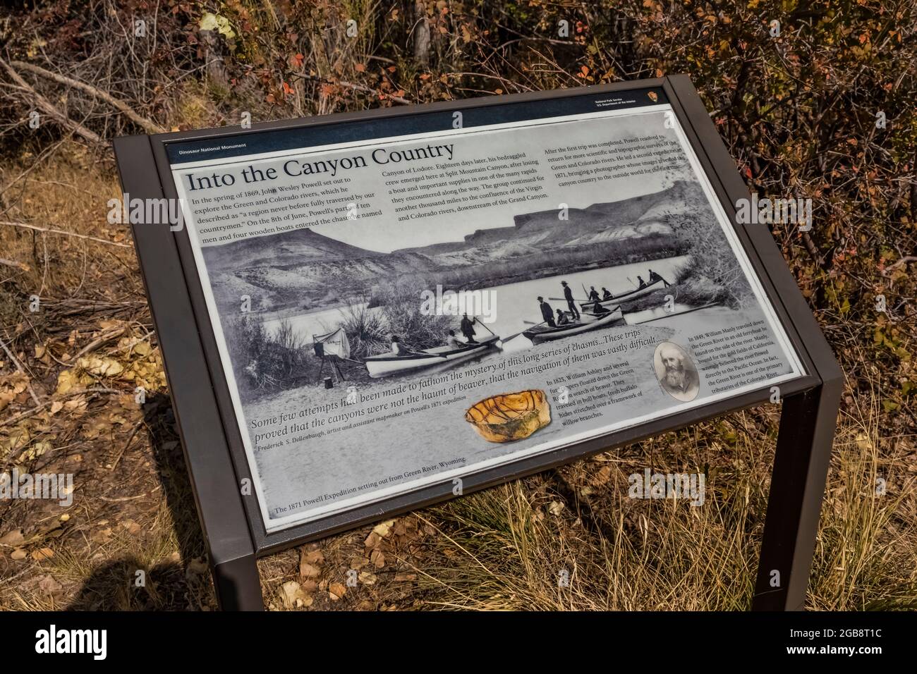 Interpretive sign about John Wesley Powell expedition through Split Mountain Canyon of Dinosaur National Monument, Utah, USA Stock Photo