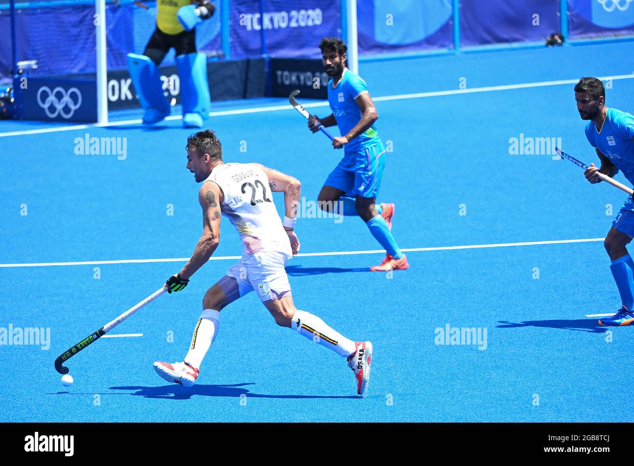 Belgium's Simon Gougnard pictured in action during a semi-final hockey match  between Belgium's Red Lions and India, in the men's field hockey tourname  Stock Photo - Alamy