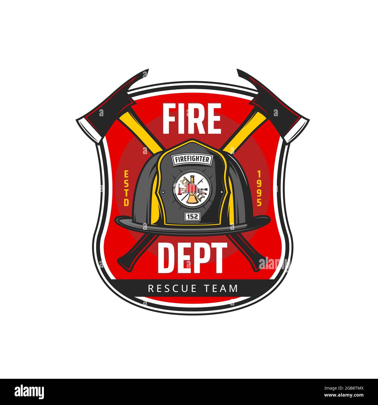 Fire department icon with vector fireman or firefighter helmet and crossed axes, ladder and hook. Firefighting equipment and tools isolated heraldic s Stock Vector