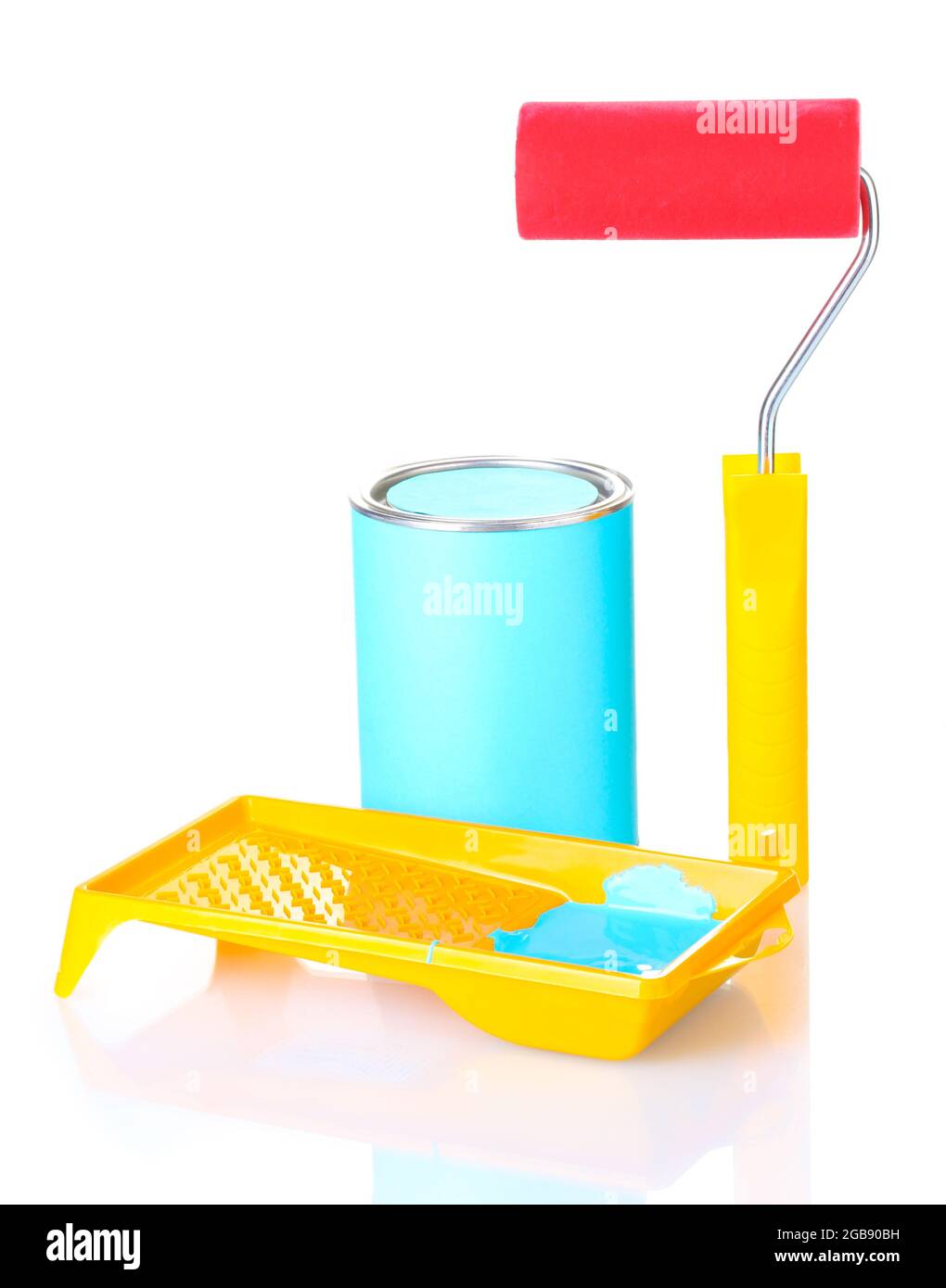 Can of paint with paint roller and tray with blue paint isolated on