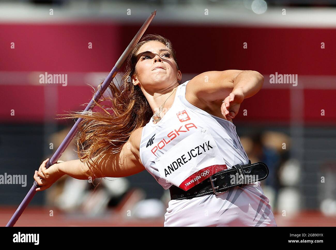 Tokyo, Japan. 3rd Aug, 2021. Maria Andrejczyk of Poland competes during the Women's Javelin Throw Qualification at the Tokyo 2020 Olympic Games in Tokyo, Japan, Aug. 3, 2021. Credit: Wang Lili/Xinhua/Alamy Live News Stock Photo