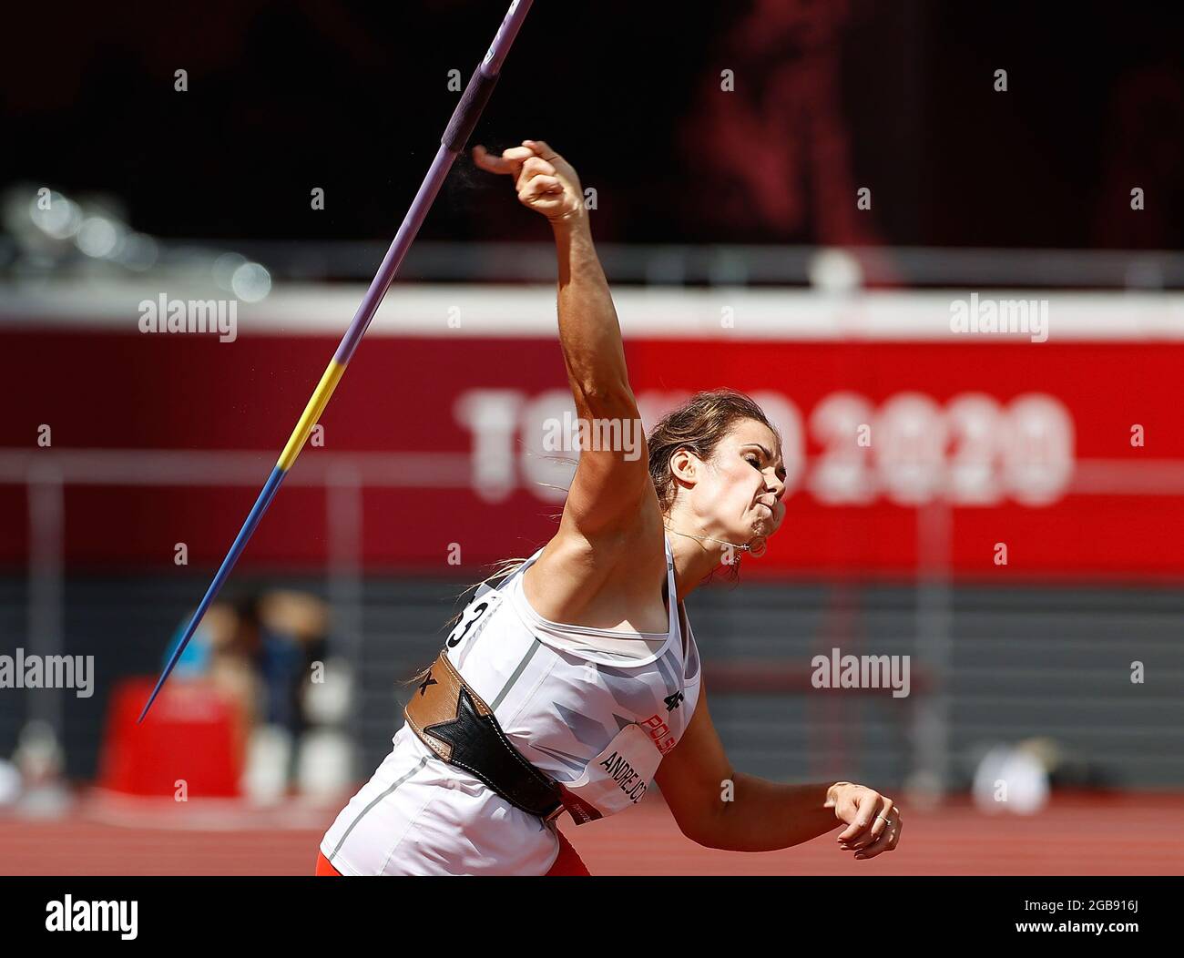 Tokyo, Japan. 3rd Aug, 2021. Maria Andrejczyk of Poland competes during the Women's Javelin Throw Qualification at the Tokyo 2020 Olympic Games in Tokyo, Japan, Aug. 3, 2021. Credit: Wang Lili/Xinhua/Alamy Live News Stock Photo