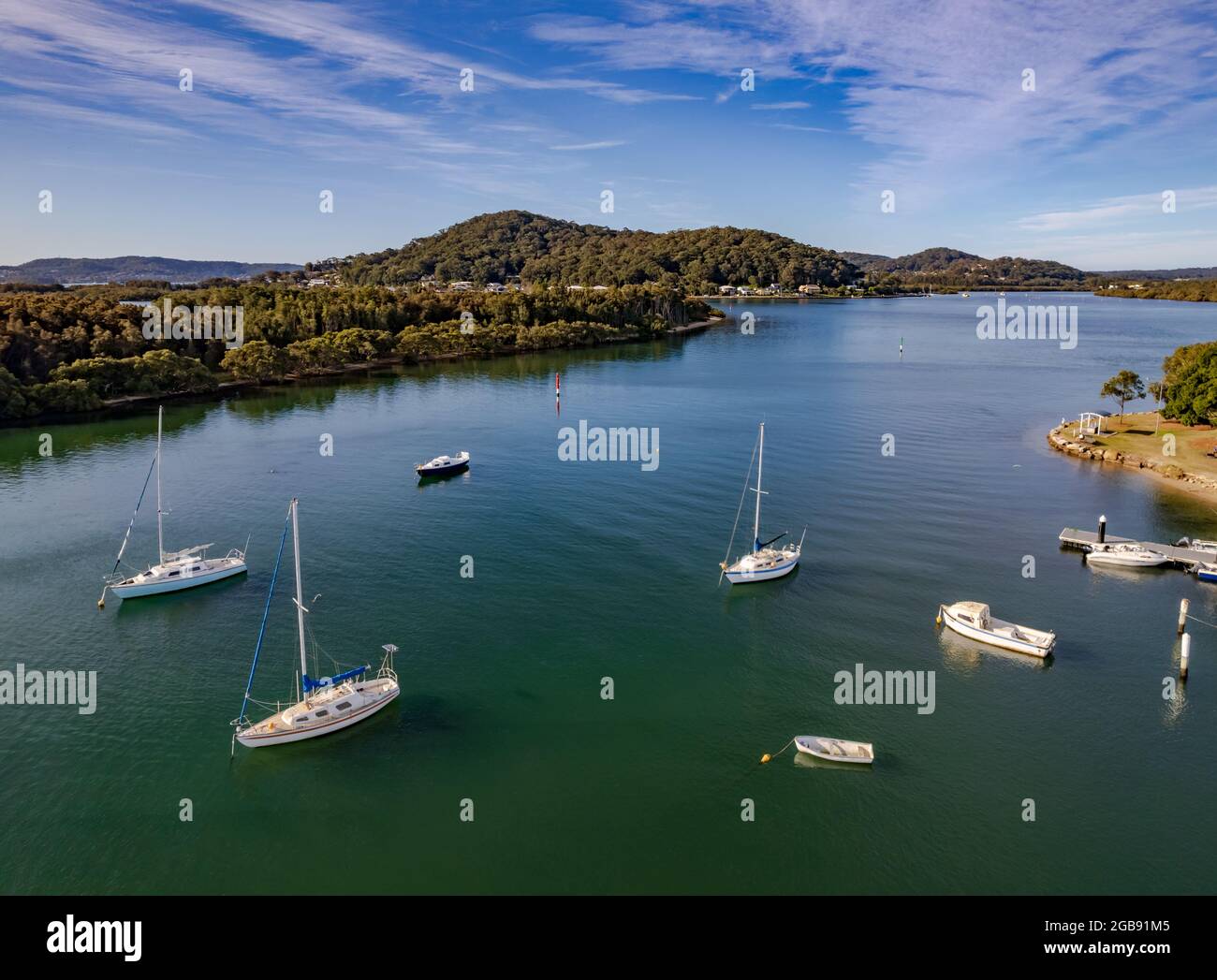 A scenic flight over the channel at Woy Woy, NSW, Australia. Stock Photo