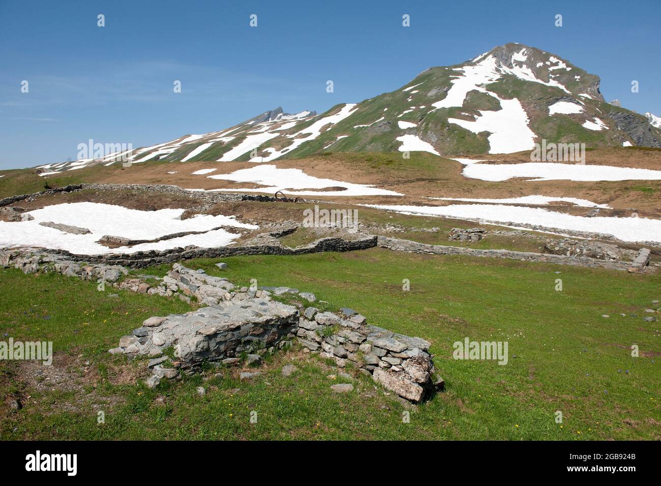 Archaeological soil find, historical foundation walls from Roman times, Little Saint Bernard Pass, La Thuile, Aosta Valley, Italy Stock Photo