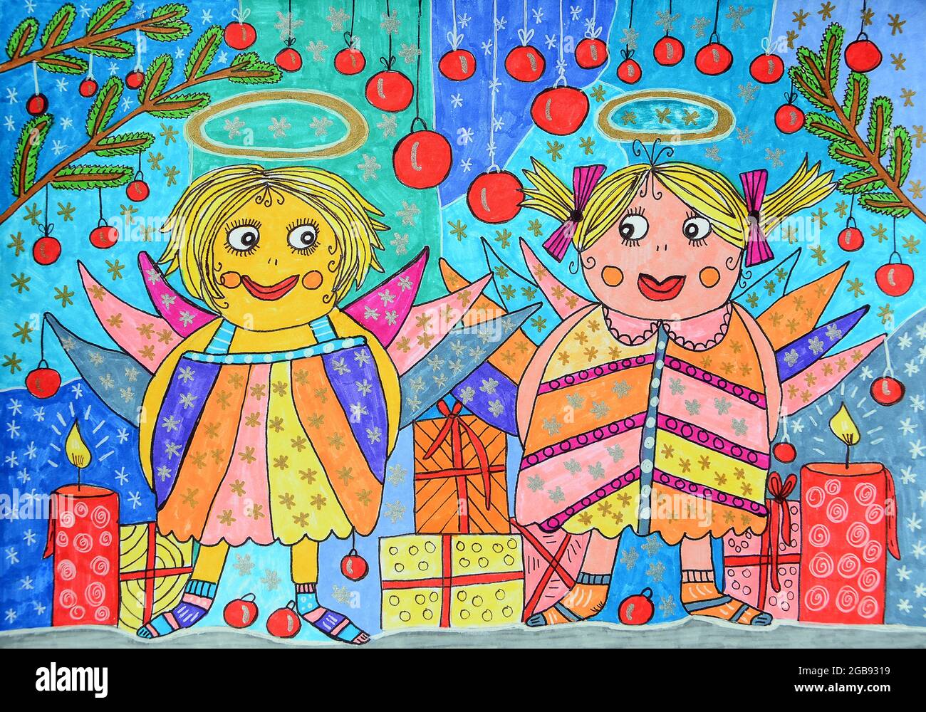 Two colourful angels, Christmas, naive illustration Stock Photo