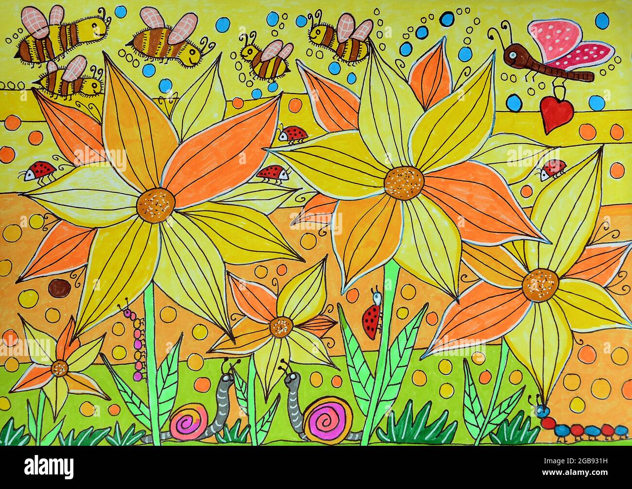 Sunflowers and bees, naive illustration Stock Photo